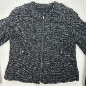 Banana Republic Jacket Womens 0 Black Gray Tweed Boucle Fringe Zip Lined Blazer